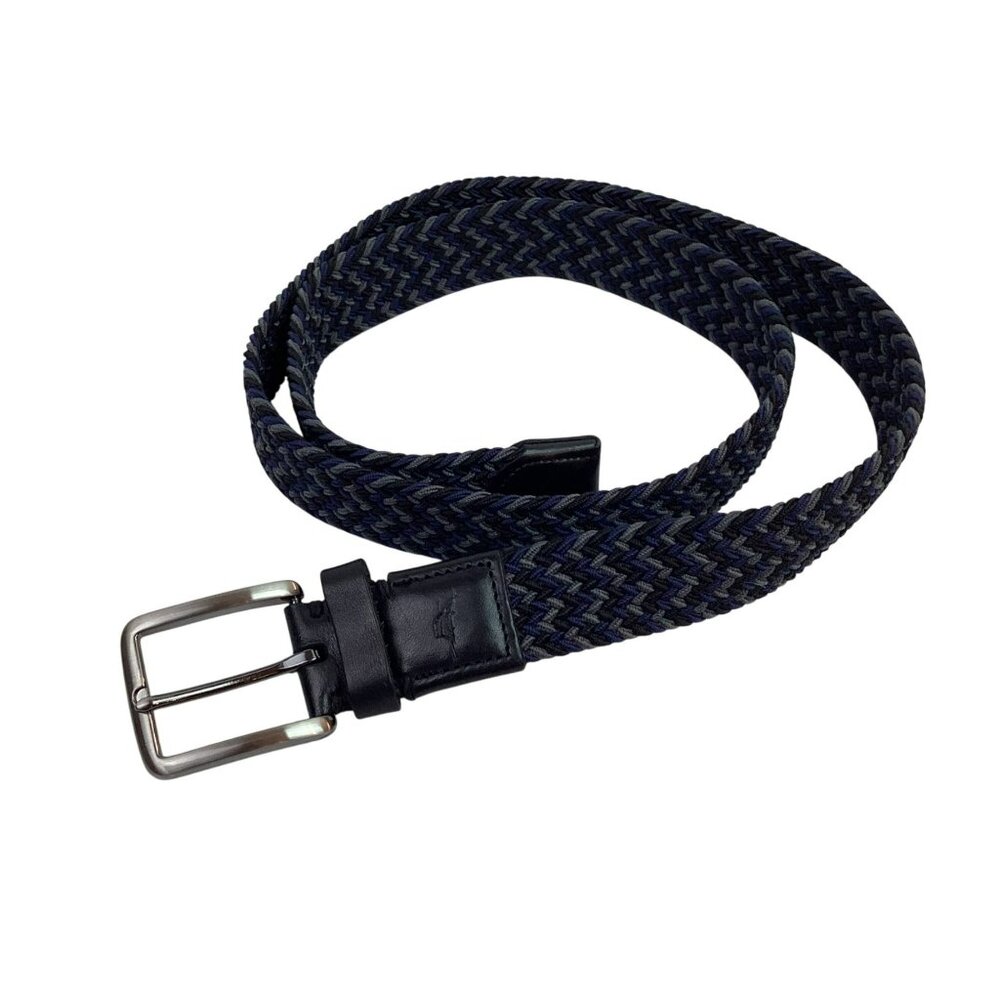 Tommy Bahama Mens L/XL Woven Stretch Belt With Leather Trim Black/Blue/Gray NWOT